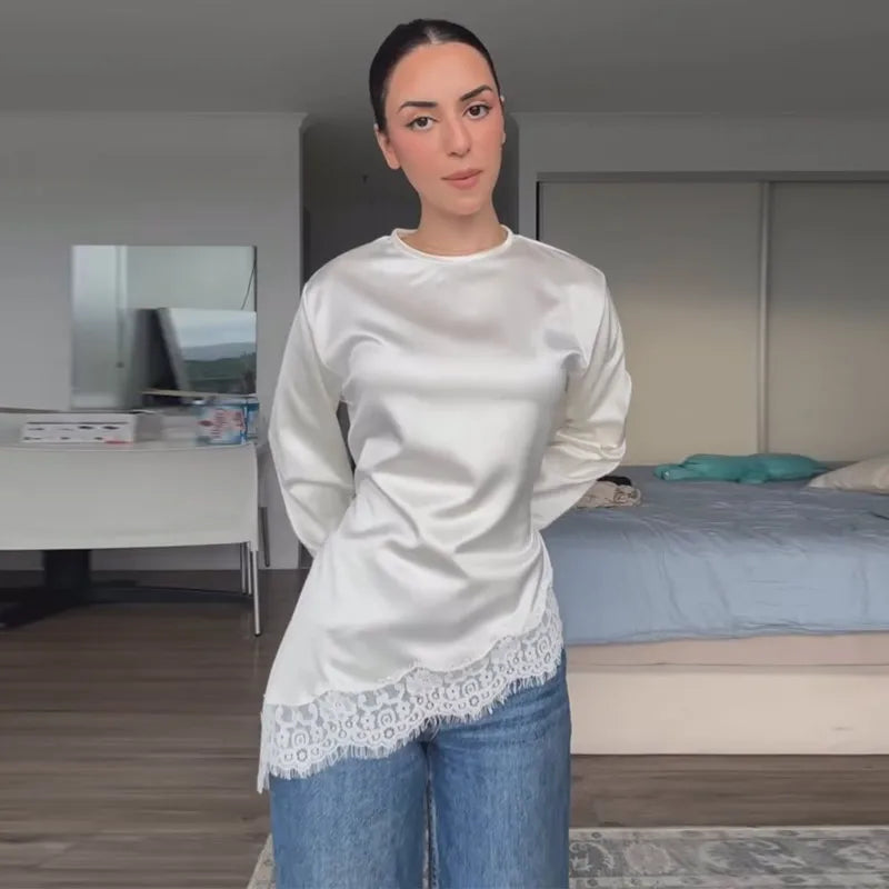 Top Casual con Inserti in Pizzo e Lacci, Pullover da Donna Slim con Cintura in Vita e Collo Tondo, Nuova Collezione Primavera 2026