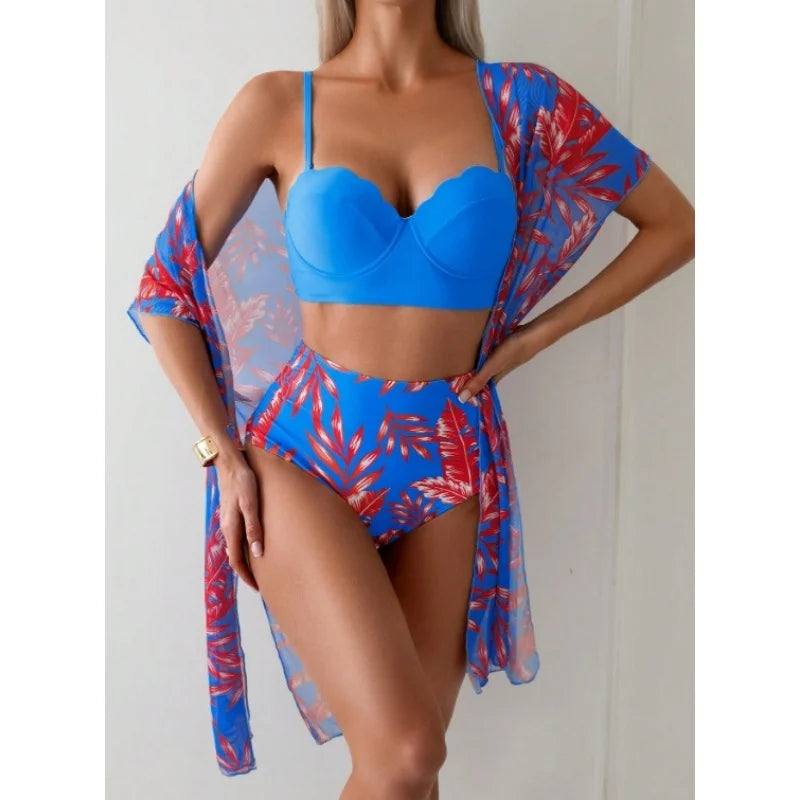 Elegante stampa 3 pezzi bikini set costume da bagno donna vintage bikini a vita alta maglia cover up 2025 nuovo costume da bagno biquini femminile