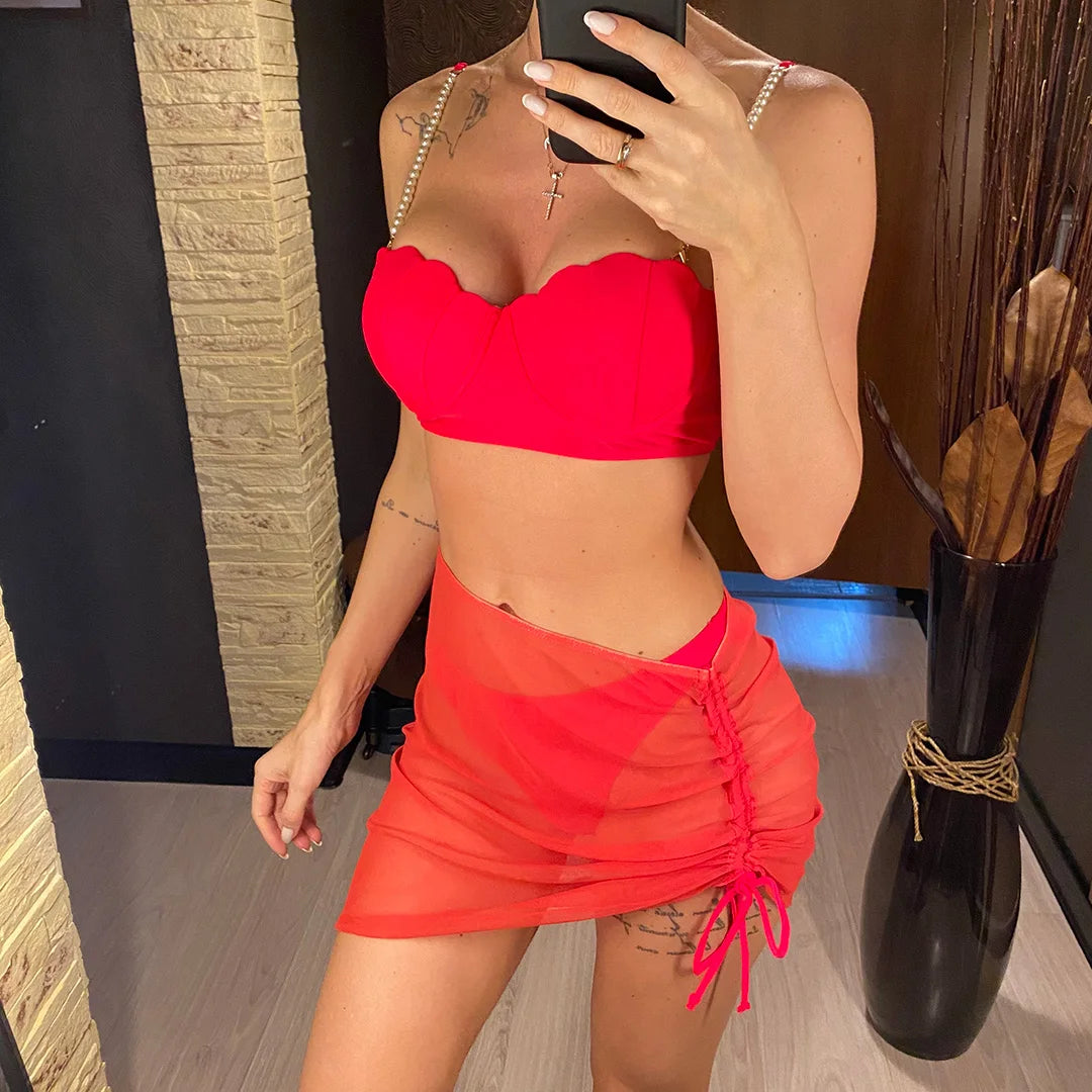 S - XL perle Bikini Push Up costume da bagno donna costumi da bagno donna Bikini a tre pezzi con reggiseno coppa bagnante costume da bagno Swim V4302