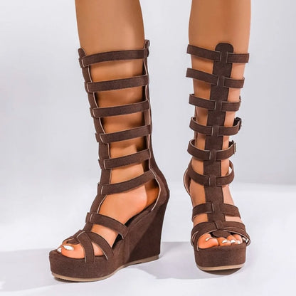 Sandali con plateau da donna estivi Scarpe basse scavate alte taglie forti Scarpe da donna con fibbia per cintura Sandali con zeppa romana con suola morbida da donna
