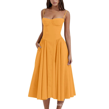 Elegante abito longuette con cinturino per spaghetti da donna Party Slim A Line Solid Bretelle Abiti da donna Nuova moda primavera estate Abiti sexy