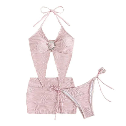 Micro String Extreme Bikini Rosa Y2K Strass Cuore Costume da bagno Tanga Gonna a costine Donna Costumi da bagno Beach Outfit Costume da bagno Biquinis