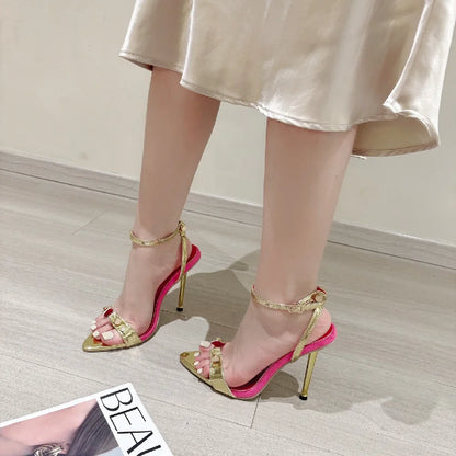 Eilyken Estate Oro Argento Rivetto Design Fibbia Cinturino Sandali da donna Sexy Open Toe Stripper Tacchi sottili Scarpe Zapatos Mujer