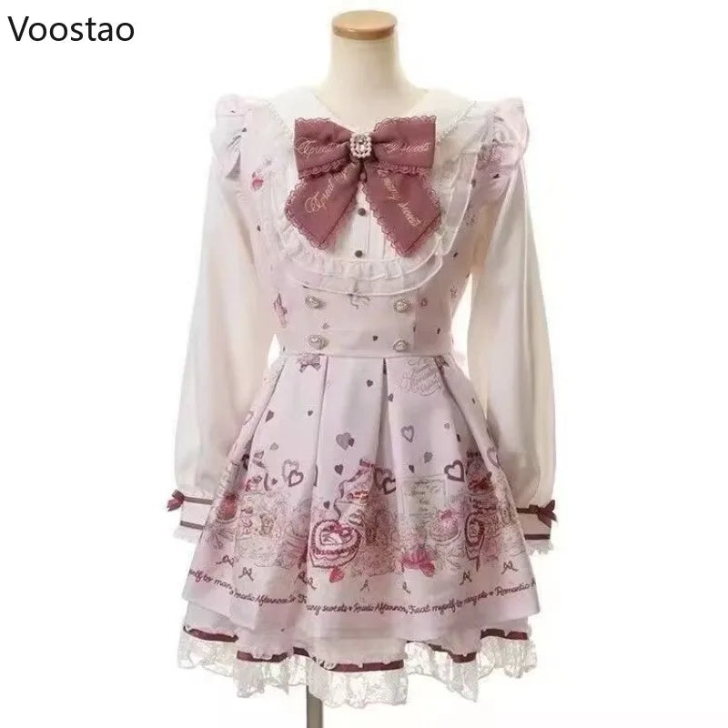Set di abiti con fiocco in strass Lolita giapponese Kawaii Set da donna con stampa di cartoni animati dolci in pizzo con perle Abito gotico Y2k Abiti da festa per il tè