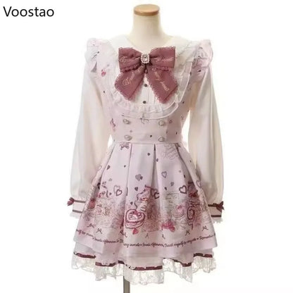 Set di abiti con fiocco in strass Lolita giapponese Kawaii Set da donna con stampa di cartoni animati dolci in pizzo con perle Abito gotico Y2k Abiti da festa per il tè