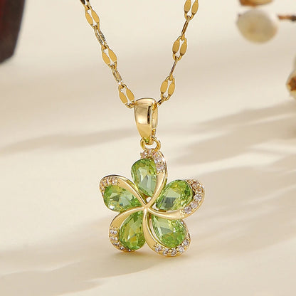 DIEYURO Collana con ciondolo fiori in zircone verde in acciaio inossidabile 316L per le donne Nuovi regali di gioielli di compleanno con catena fortunata per ragazze di lusso