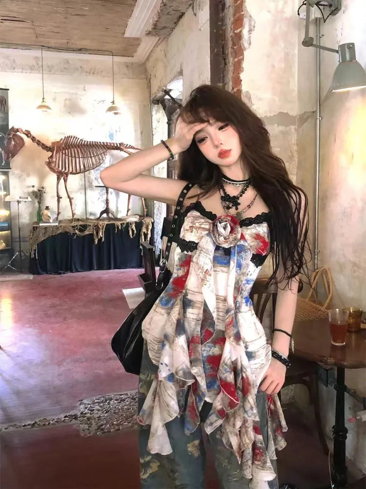 Summer Vintage Lace Design Irregular Ruffle Camisole Women Coquette 2000s Aesthetic Halter Tops Female Sexy Gyaru Y2k Crop Tops