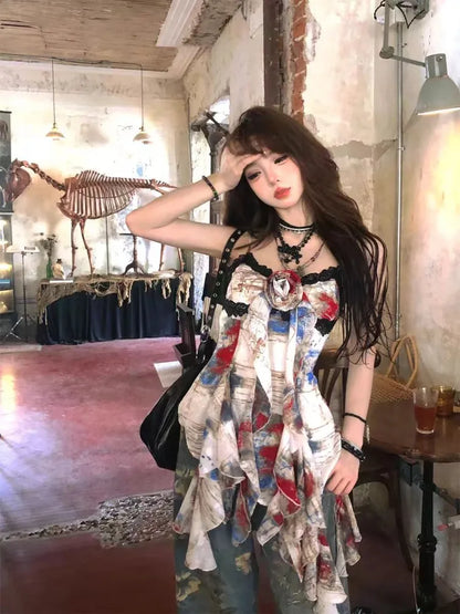 Summer Vintage Lace Design Irregular Ruffle Camisole Women Coquette 2000s Aesthetic Halter Tops Female Sexy Gyaru Y2k Crop Tops