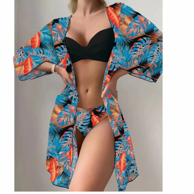 Bohemian Style Print Bikini Sets Women Fashion Sexy Spaghetti Strap Bikini Cardigan Three Piece Sets Beach Vacation Swimsuit