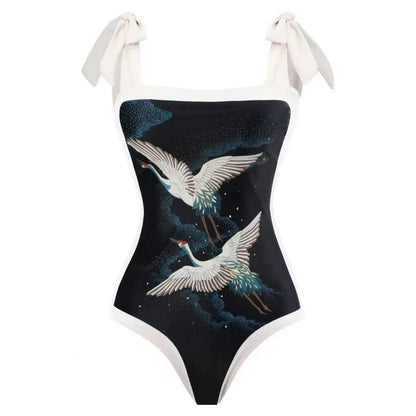 2 pezzi/set costume monokini da donna stampa vintage costume intero con cravatta al collo quadrato con gonna costume da bagno da donna con copertura da spiaggia