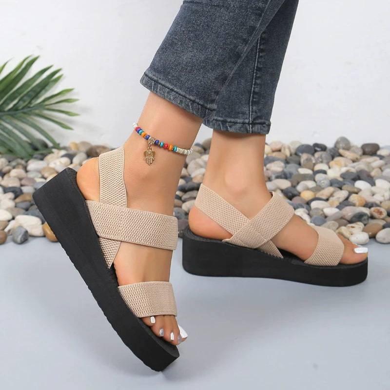 Damen-Sommersandalen, Keilsandalen, lässige Plateau-Sandalen, Knöchelriemen-Sandalen, leichte Damenschuhe in Unifarben