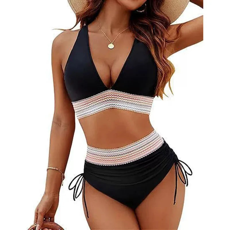 Ensemble de bikini sexy à col en V profond pour femme 2026, plage d'été avec coussin de poitrine, maillot de bain taille haute, bikini triangle à cordon de serrage