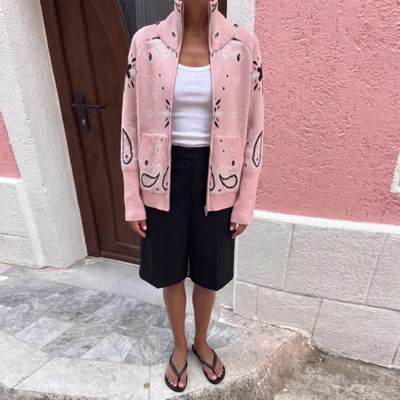 Cardigan da Donna in Maglia Stampata Casual, Maniche Lunghe, Cerniere, Colletto Alto, Tasche, Cappotti Autunno 2026, Abbigliamento Femminile Chic da Strada