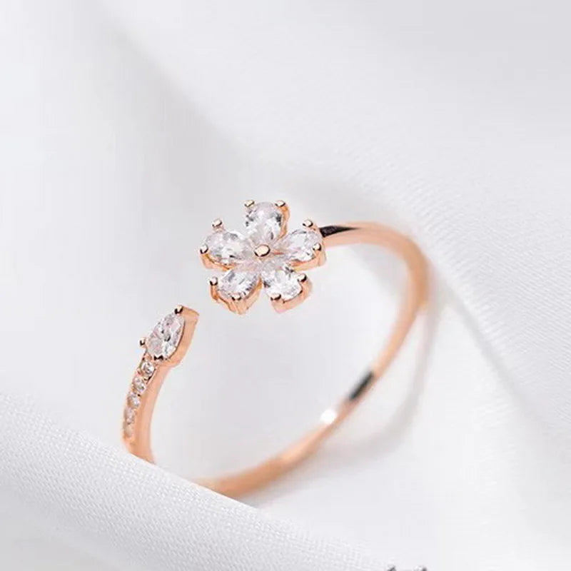 Anelli di apertura del fiore di zircone di lusso per le donne Cubic Zirconia Rosa Fiore di ciliegio Tulipano Anello da dito regolabile Gioielli da sposa