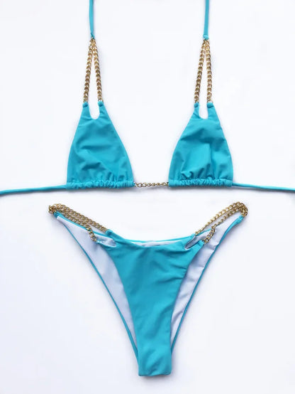 Micro Bikini Sexy 2026 Nero Solido con Reggiseno Push-Up e Cinghie Metalliche, Costume da Bagno Brasiliano, Perizoma, Biquini