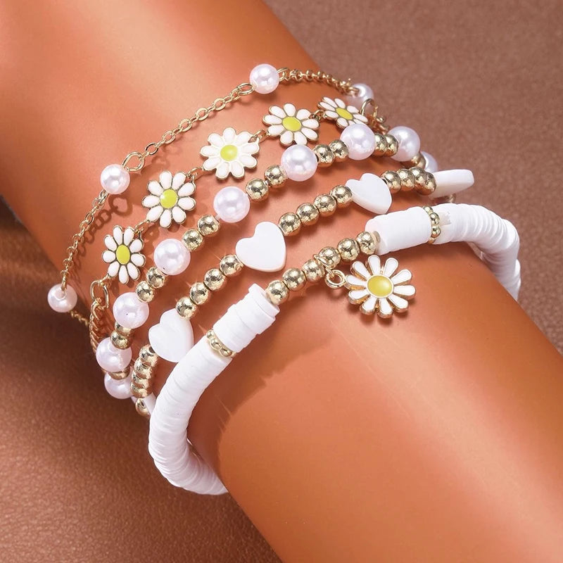 8 pezzi set di braccialetti con ciondolo fiore margherita vintage per le donne braccialetti di perle di cuore di stella di smalto con perline di Boemia regali di gioielli alla moda