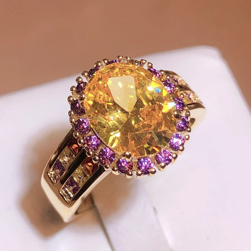 Trendy Citrine Ring for Women Geometry 925 Stamp Fine Jewelry with Oval Gemstones Blue Yellow Pink Zircon Rings Party