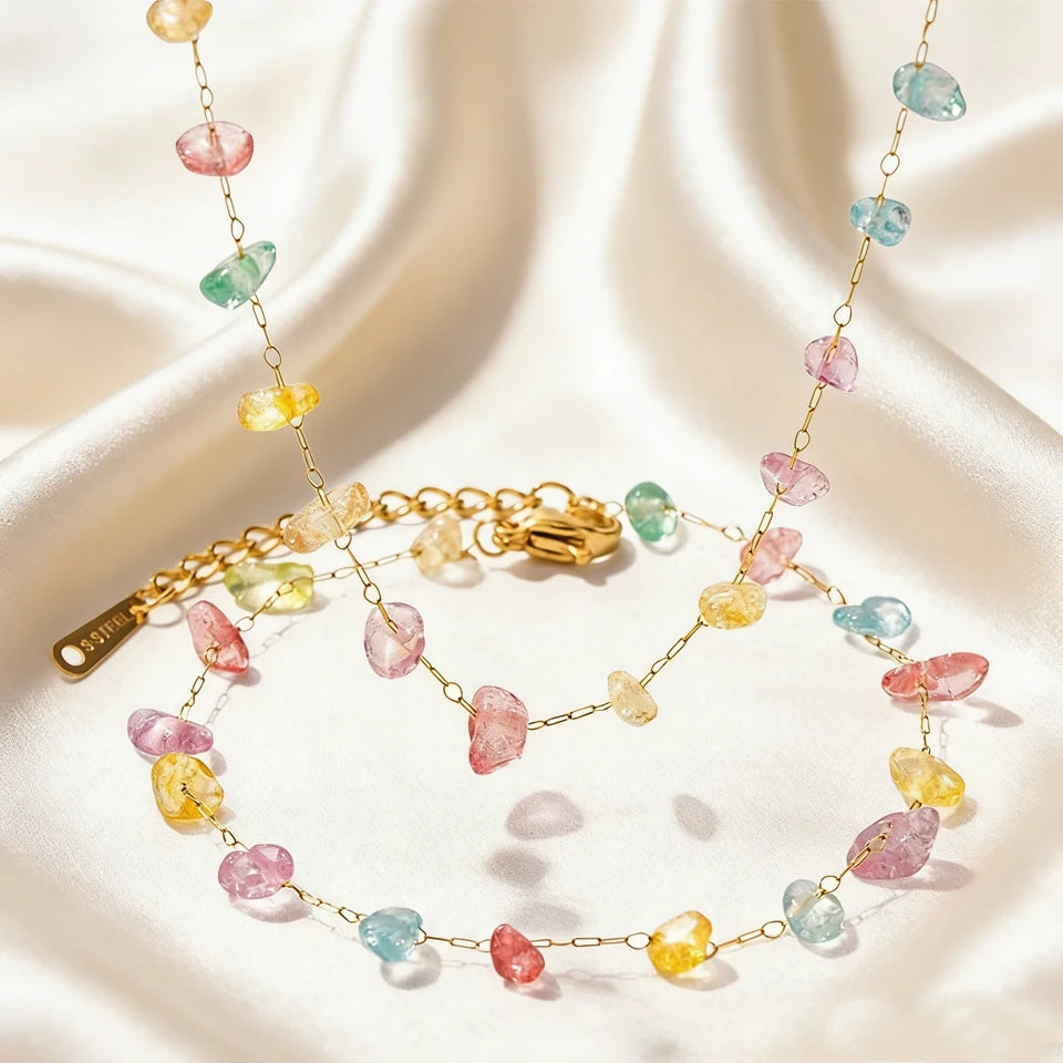 Yupsk Summer New Stainless Steel Colorful Stone Beads Necklace Bracelet Jewelry Set for Women Girls Fashion Accessories