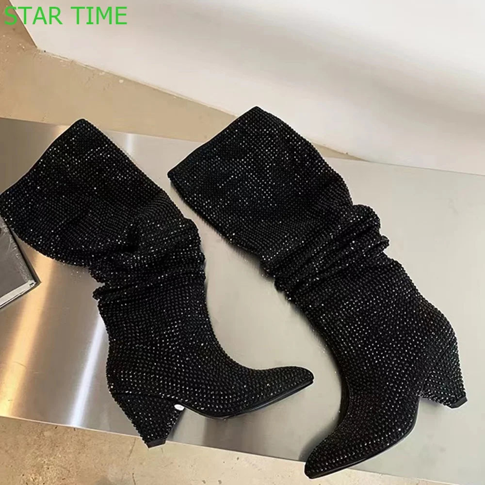 Pointed Toe Rhinestone Bling Long Boots 2024 New Casual Catwalk Thick Heel Boots Black/silver Fashion Women Knee-High Boots