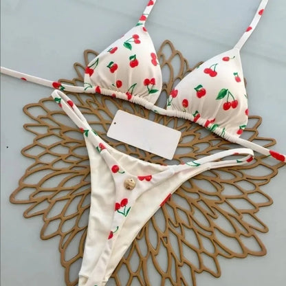 Summer Print Sexy Bikini Sets Halter Lace-up Tops Thongs Beach Style Bathing Suit Y2k Swimsuits Women Beachwear Fashion New