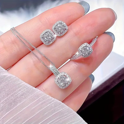 Ensemble 3 pièces de bijoux de luxe brillants géométriques carrés en zircon, collier, boucles d'oreilles et bagues pour femme, parure de bijoux tendance, cadeau d'anniversaire