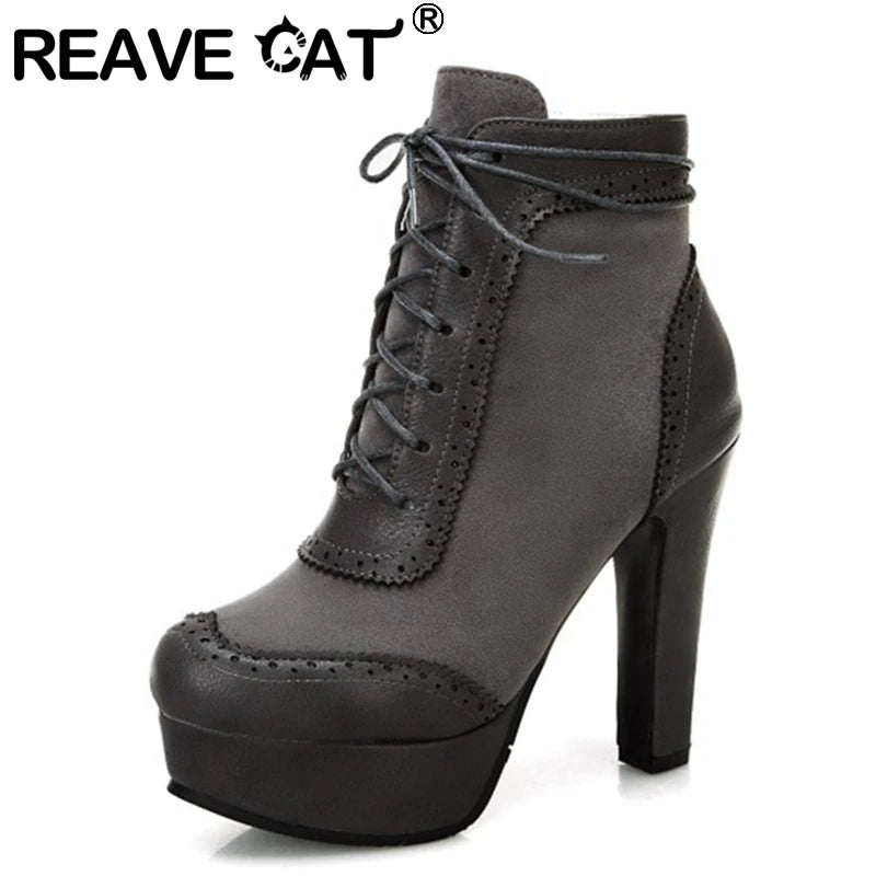 REAVE CAT Ankle Boots Lace Up Flock Platforms Round Toe Block Heel Short Plush Black Yellow Grey A4506