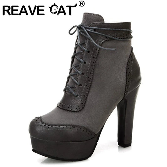 REAVE CAT Ankle Boots Lace Up Flock Platforms Round Toe Block Heel Short Plush Black Yellow Grey A4506