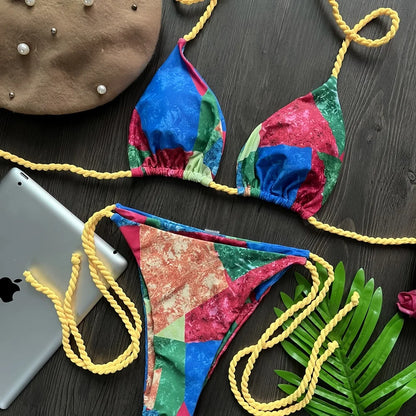 Seilgebundener Bikini Damen geteilter Badeanzug sexy 2-teiliges Set mit Dreiecksblattdruck Strandbadeanzug Sommer 2026