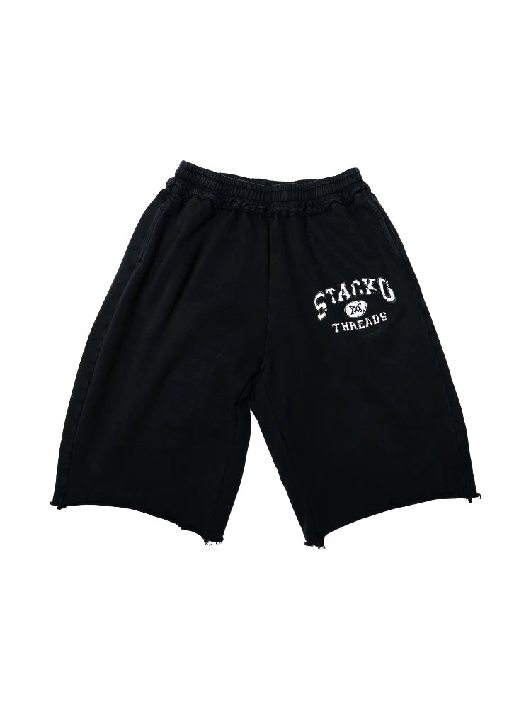 Pantaloncini Y2K Pilot Neri con Grafica Crest e Etichetta Tessuta, Lunghezza 3/4, Stile American Vintage Casual in Spugna, Unisex, Vestibilità Ampia