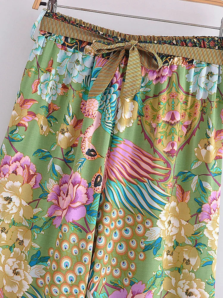 Boho Queens Donna Pavone Stampa floreale Pantaloni a gamba larga bohémien Lady Elastico in vita Sciolto Rayon Boho Pantaloni lunghi Pantaloni oversize