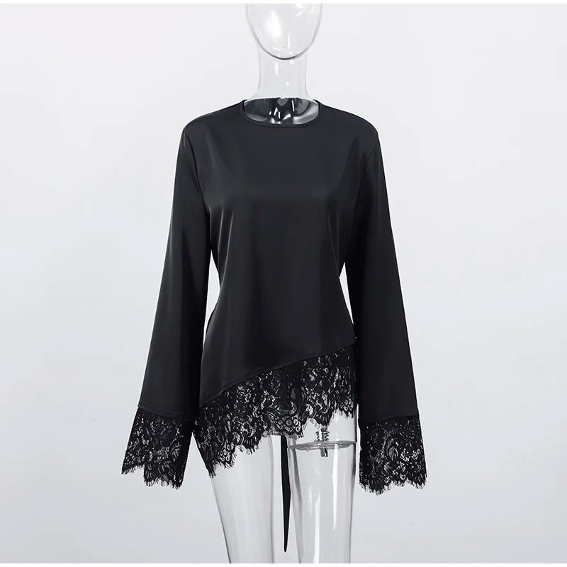 Top Casual con Inserti in Pizzo e Lacci, Pullover da Donna Slim con Cintura in Vita e Collo Tondo, Nuova Collezione Primavera 2026