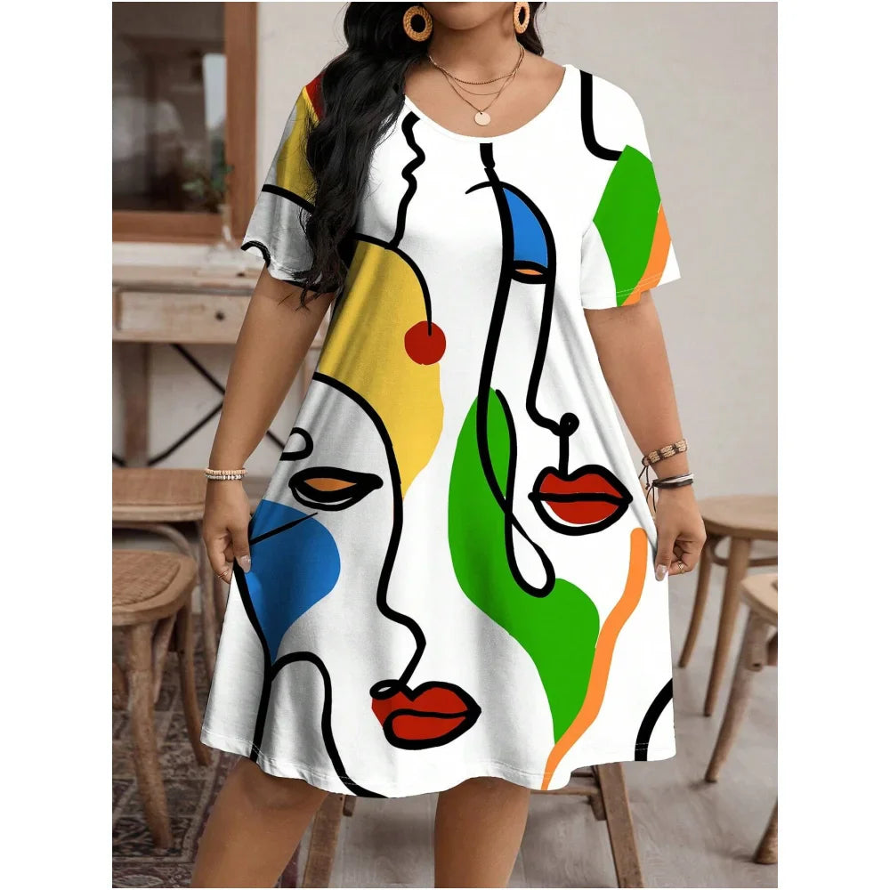 Moda Donna Abbigliamento Linea artistica per il viso Abiti con stampa 3D Abiti estivi larghi taglie forti Abiti casual a trapezio a maniche corte 9XL
