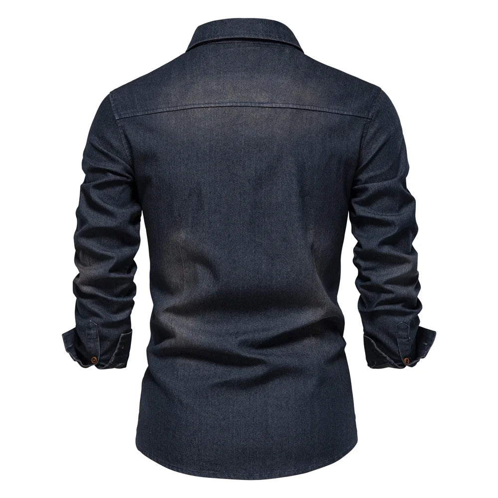 Camicia da uomo in denim di cotone elastico di marca AIOPESON Camicie da cowboy di qualità a maniche lunghe per uomo Abbigliamento casual da uomo slim fit