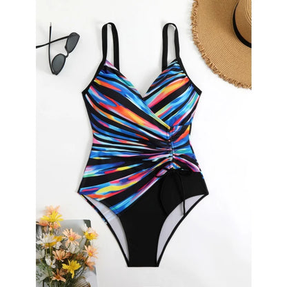Printing V Neck Swimming Suit for Women Fashion Slim Side Drawstring Bathing Suit Bodysuit Female One Piece Swimsuit Beachwear