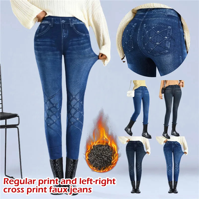 Leggins in finto denim Pantaloni in jeans finti in pile Push Up Elastico a vita alta Leggings da donna Pantaloni sportivi Pantaloni a matita in peluche caldi