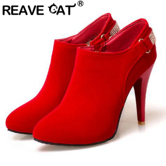 REAVE CAT Ankle Boots Pointed Toe Shoes women Sale Thin Heels Flock Suede Leather Rhinestone Big Size 31-50 Weeding Blue Black