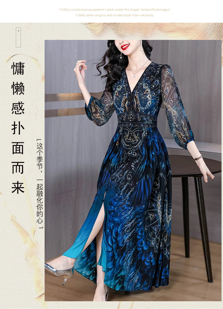 Vacanza primaverile Boho Beach Hepburn Maxi Abiti 2025 Stampa vintage da donna Elegante abito da sera estivo in seta di lusso