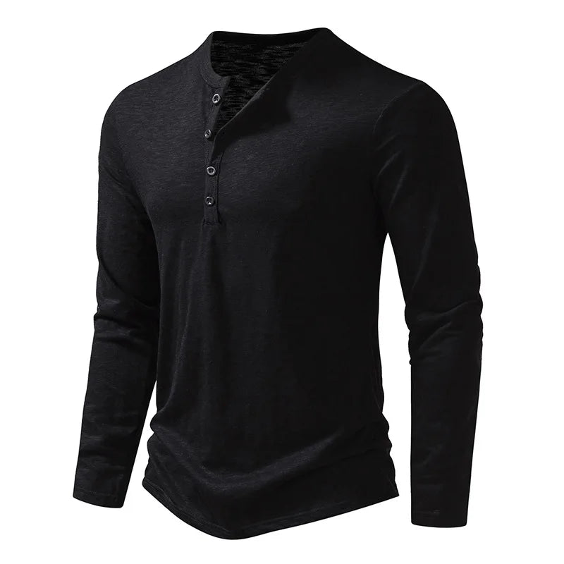 Camicia da uomo in cotone con bottoni e collo a Henley, manica lunga, bottoni casual, tinta unita, magliette alla moda