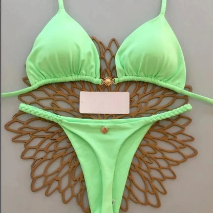 Summer Print Sexy Bikini Sets Halter Lace-up Tops Thongs Beach Style Bathing Suit Y2k Swimsuits Women Beachwear Fashion New