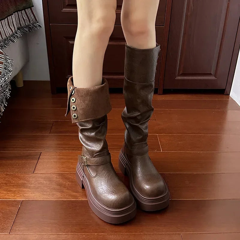 Women's Platform Motorcycle Boots Buckle Strap Thick-soled Boots Feamle New Fashion Black PU Leather Western Knight Botas Mujer