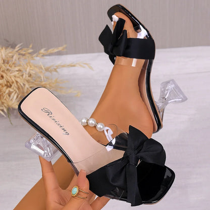 Damen-Sommersandalen 2025 Kristallabsatz-Sandalen Unifarbene Schleifenriemen-Hausschuhe Damen-High-Heels Zapatos De Mujer