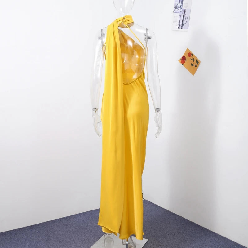 Abito Lungo Sexy Senza Maniche con Nastro, Elegante Vestito da Donna Slim in Raso con Schiena Scoperta e Lacci, Abito da Festa alla Moda 2026, Tinta Unita, per Vacanze, da Donna