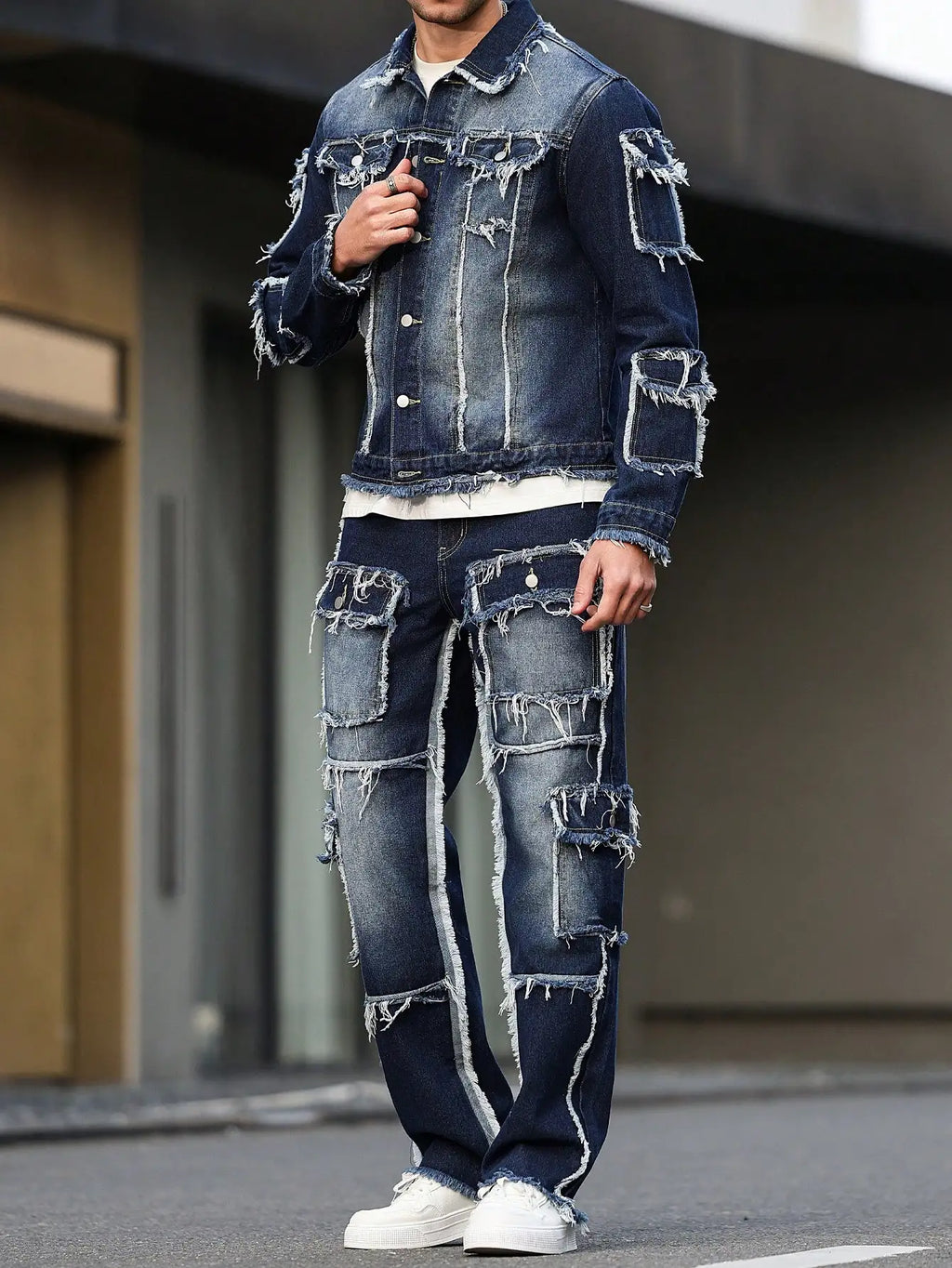 Abito in denim primaverile e autunnale da uomo, design multitasche, stile pantaloni larghi e dritti