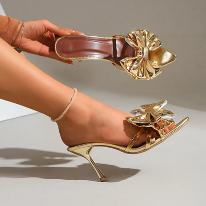 Sandales d'été pour femmes à talons hauts, talons aiguilles, à enfiler, fleurs dorées, élégantes, sexy, confortables, chaussures de marque, Zapatos De Mujer