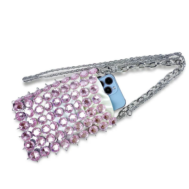 24 estate nuova borsa di cristallo tessuta a mano color caramella di nicchia, borsa di perline di fata retrò, borsa per telefono a croce diagonale trasparente