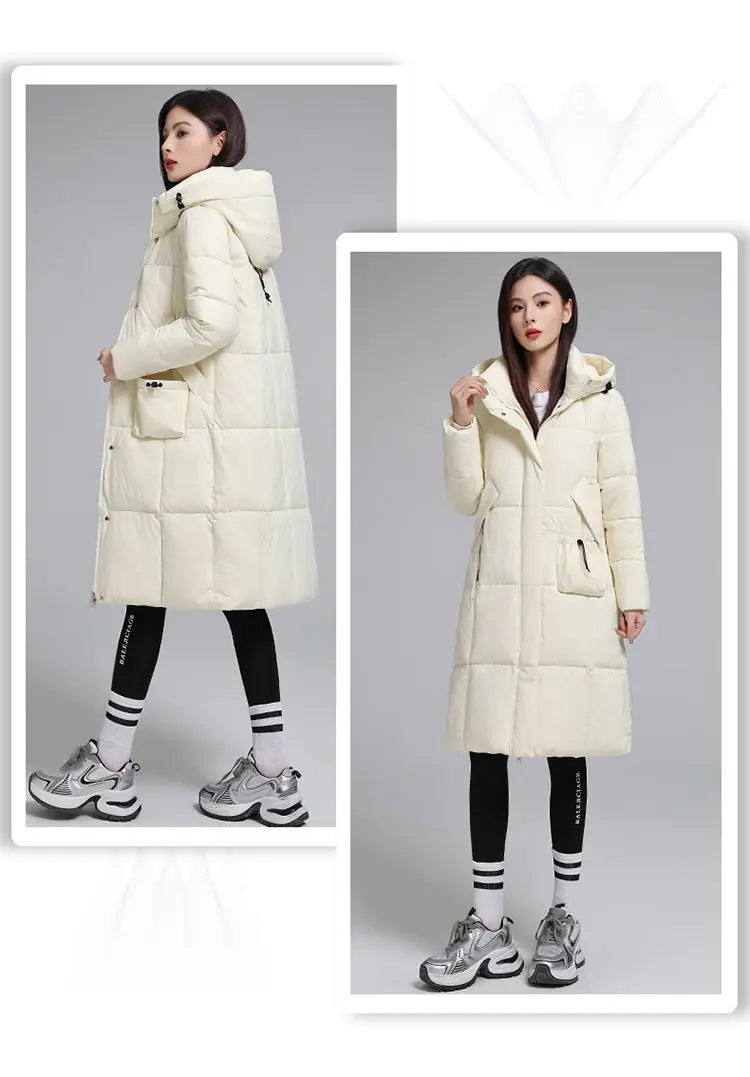 Caldo piumino in cotone da donna Inverno 2025 Nuova versione coreana Cappotto lungo con cappuccio allentato Cappotto Parka spesso antivento femminile