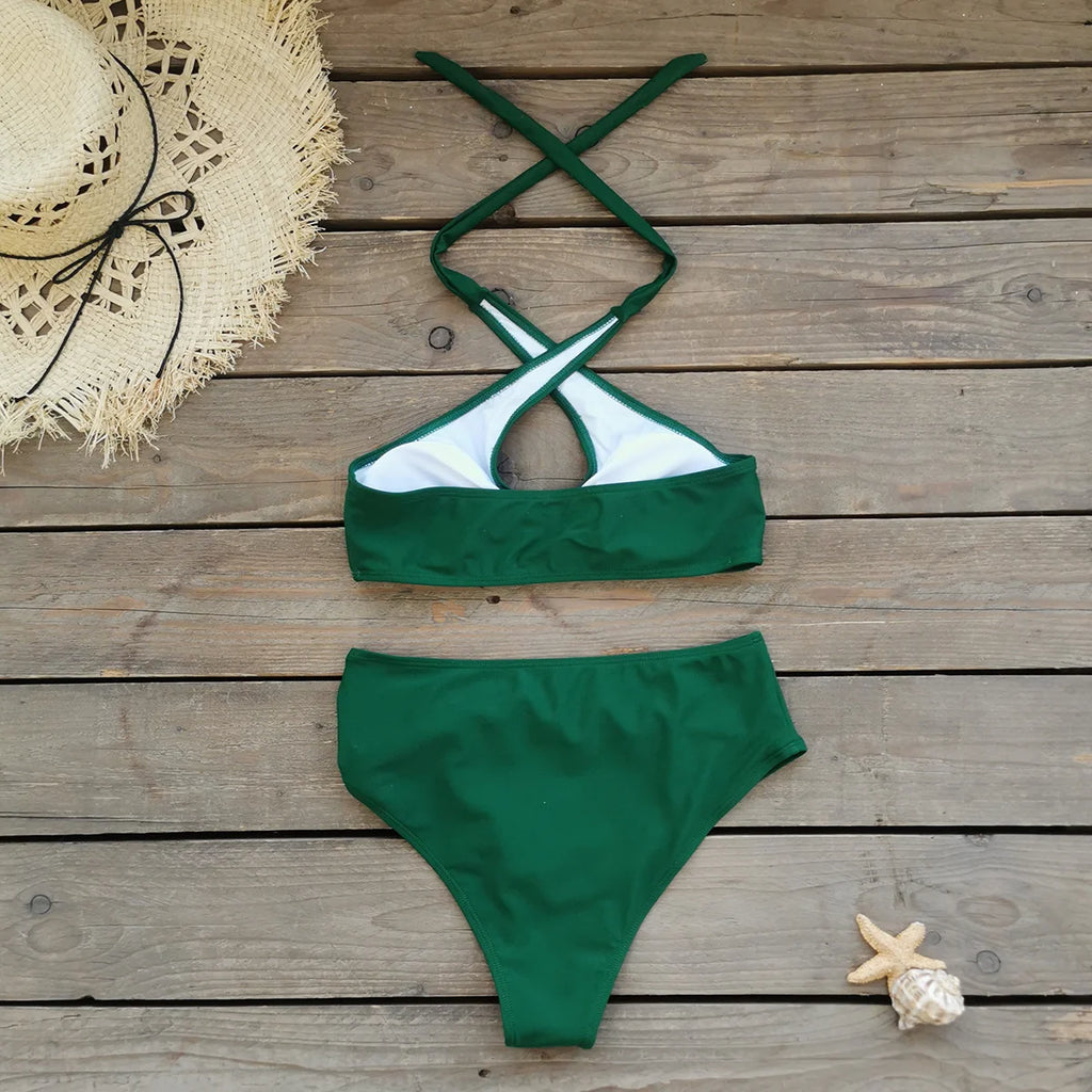 Bikini con scollo a V donna nuovo costume da bagno con volant bikini rosso set costumi da bagno con scollo all'americana biquini a gamba alta costumi da bagno da spiaggia a vita alta