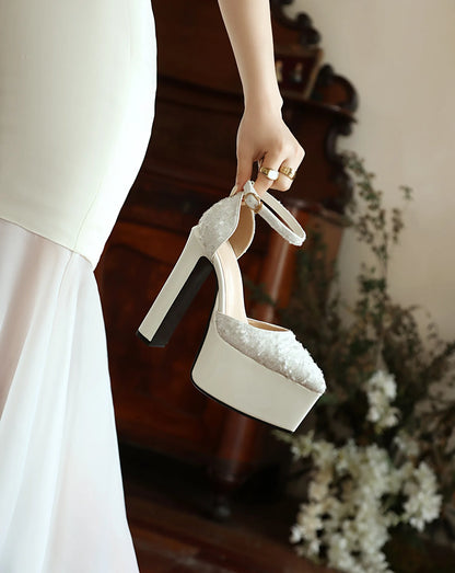 Sandali a punta neri con cinturino alla caviglia sexy per le donne Piattaforma estiva 15CM Scarpe eleganti da festa con paillettes lucide Tacchi alti vuoti laterali neri
