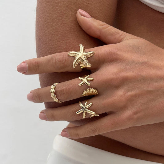 SHIXIN 4 pz/set Starfish capesante anelli aperti regolabili per le donne anello geometrico alla moda Color oro accessorio per gioielli da spiaggia estiva