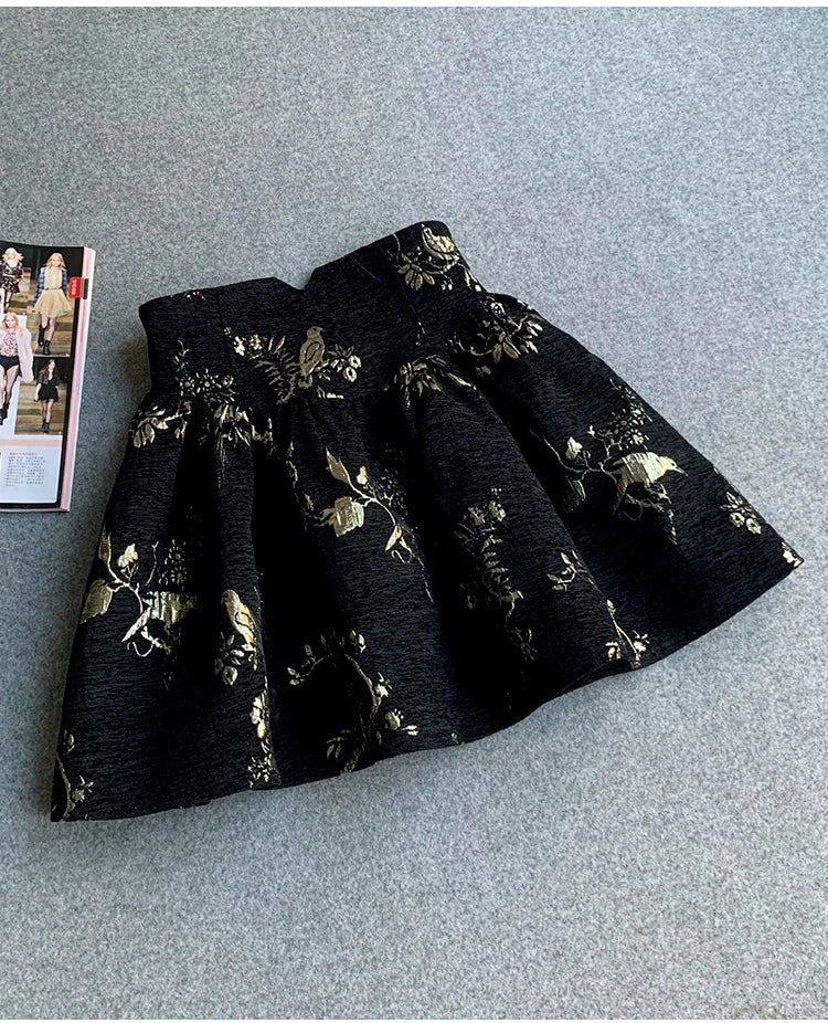 Gonna jacquard oro nero Gonna a trapezio slim fit a vita alta Primavera Estate Nuova gonna corta Gonna da ufficio squisita alla moda